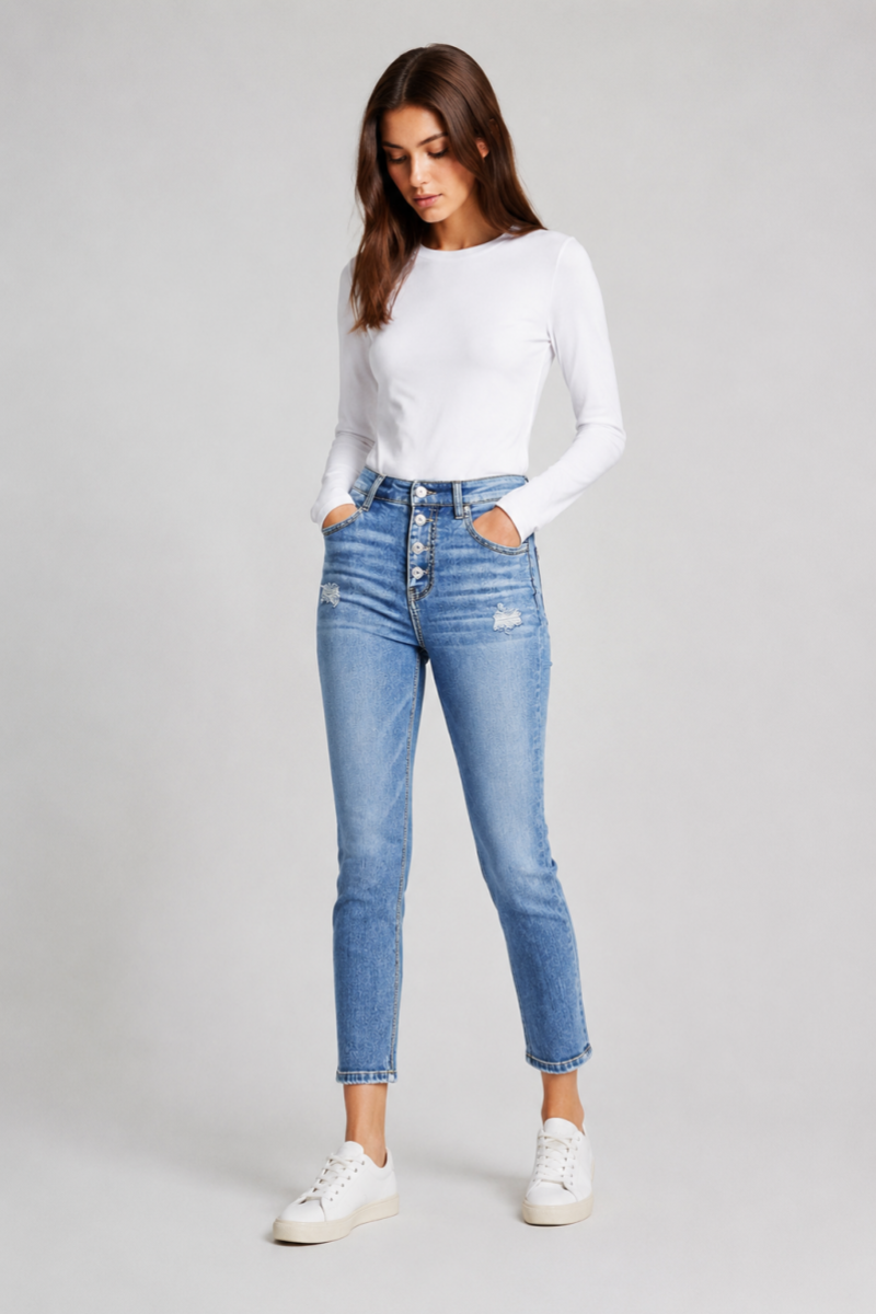 Women's High Waist Button Stretch Skinny Jeans