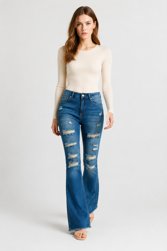 Women's Distressed Ripped Frayed Hem Stretch Flare Jeans