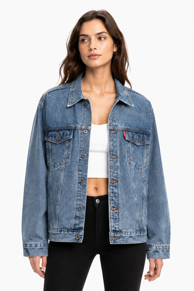 Women's Classic Blue Denim Jacket with Red Tag