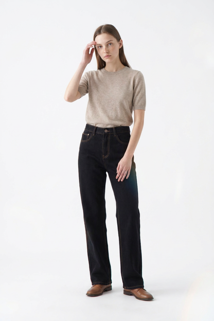 Women's Raw Black Wash High Waist Straight Leg Jeans
