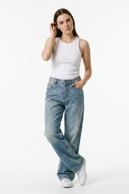 Women's Distressed High Waist Straight Leg Jeans