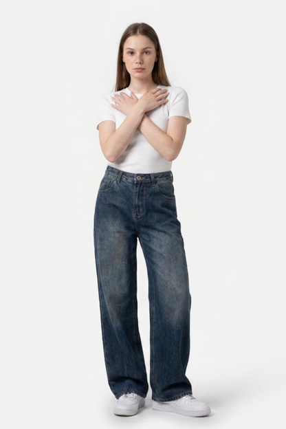 Women's Dirty Wash High Waist Loose Straight Leg Jeans