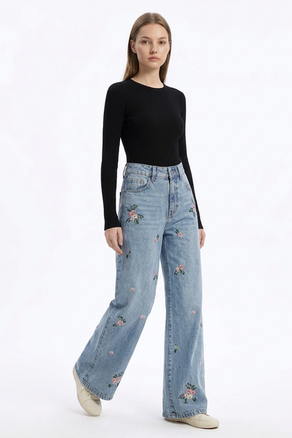 Women's Vintage Wash Embroidered High Waist Wide Leg Jeans