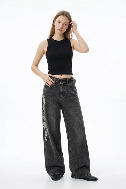 Women's Floral Embroidered High Waist Stretch Wide Leg Jeans
