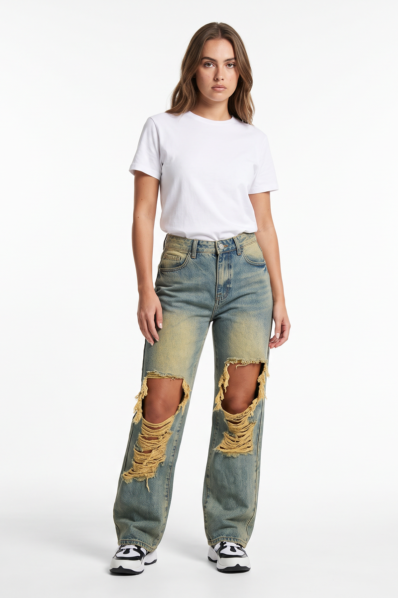 Women's High Waist Wide Leg Ripped Wide Leg Jeans