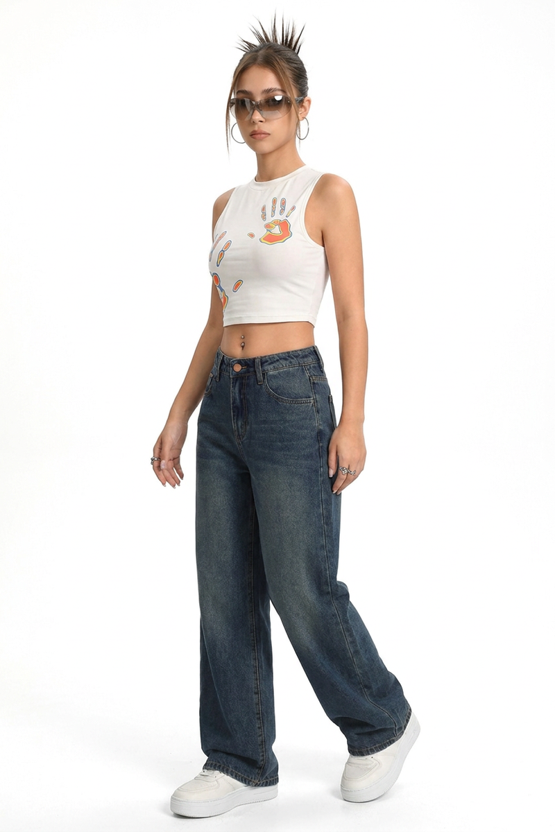 Women's Vintage Wash High Waist Loose Wide Leg Jeans