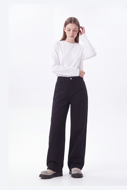 Women's High Waist Pure Black Wide Leg Jeans