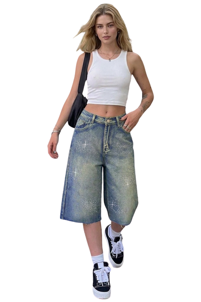 Women's Rhinestone High-Waisted Denim Bermuda Shorts