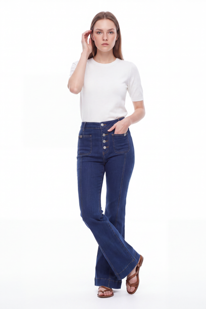 Women's High Waist Button Fly Stretch Flare Jeans