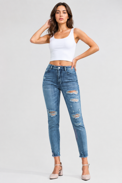 Women's High Waist Distressed Ripped Skinny Jeans