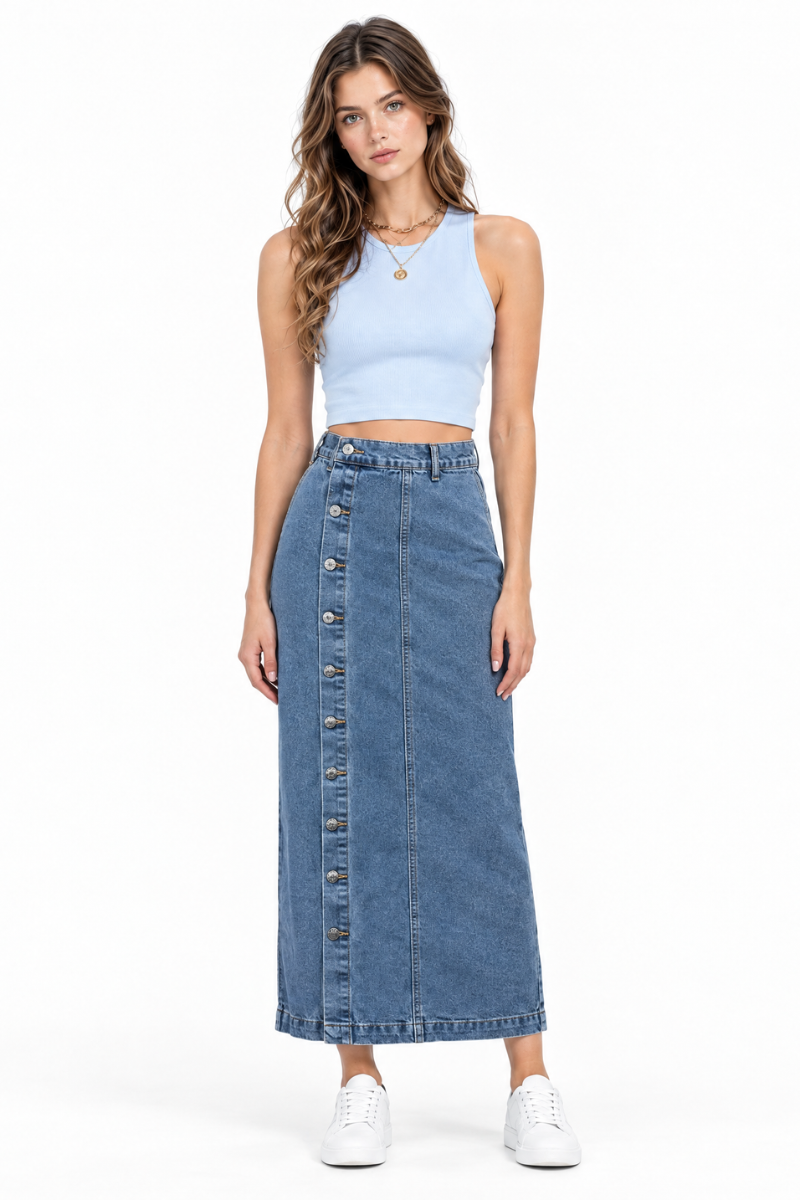 Women's High Waist Side Button Denim Midi Skirt