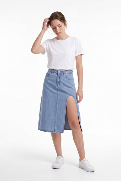 Women's High Waist A-Line Front Slit Denim Midi Skirt