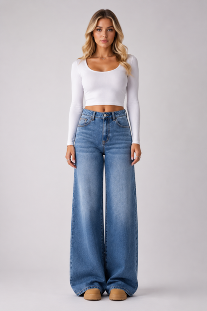 Women's Vintage Wash High Waist Wide Leg Jeans