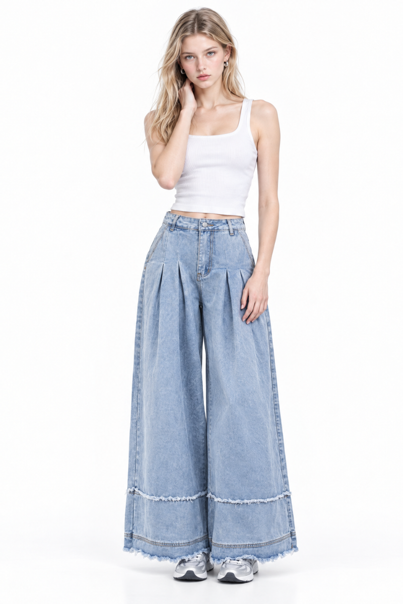 Women's High Waist Pleated Wide Leg Jeans