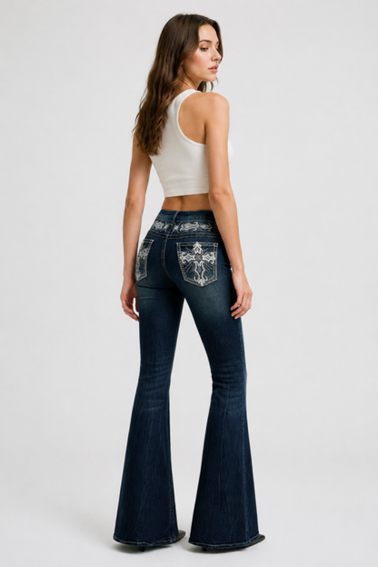 Women's High Waist Flare Jeans with Retro Embroidery