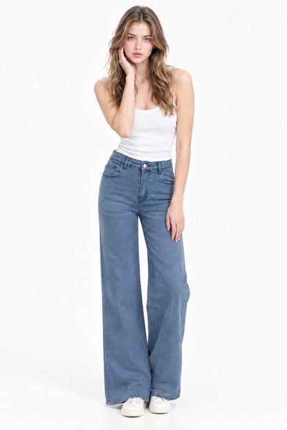 Women's High Waist Blue Stretch Wide Leg Jeans
