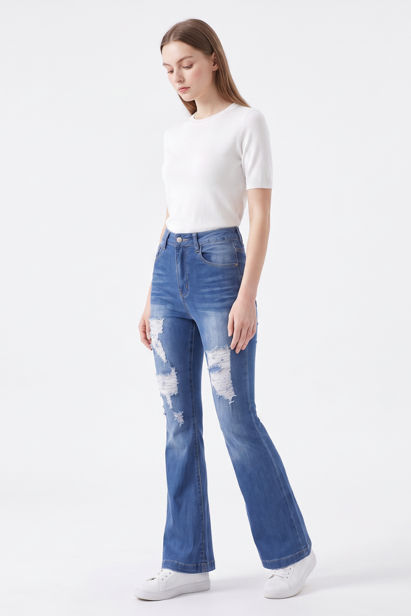 Women's High Waist Ripped Distressed Stretch Flare Jeans