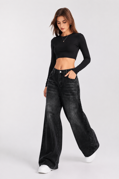 Women's high-rise wide-leg jeans with a half-elastic waist