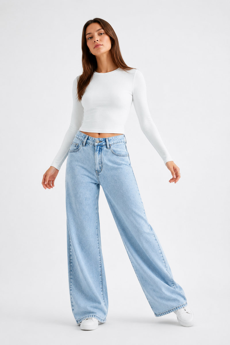 Women's High Waist Light Blue Straight Wide Leg Jeans