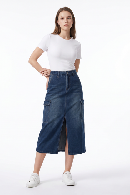 Women's High Waist Front Slit Denim Midi Skirt