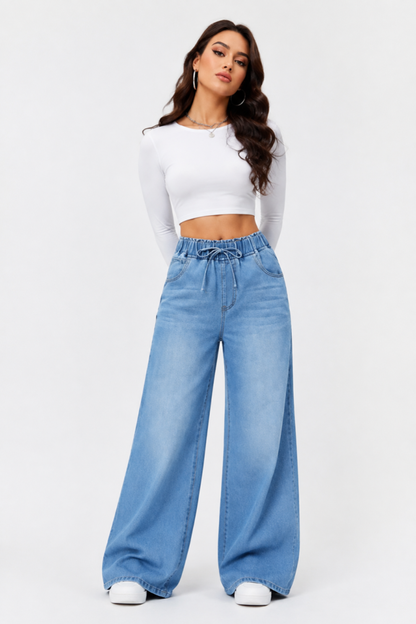 Women's Drawstring Elastic Waist Wide Leg Jeans