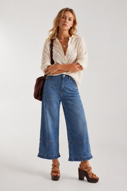 Women's High Waist Wide Leg Jeans with Ruffle Hem
