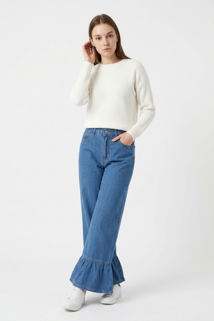 Women's High Waist Ruffle Hem Wide Leg Jeans