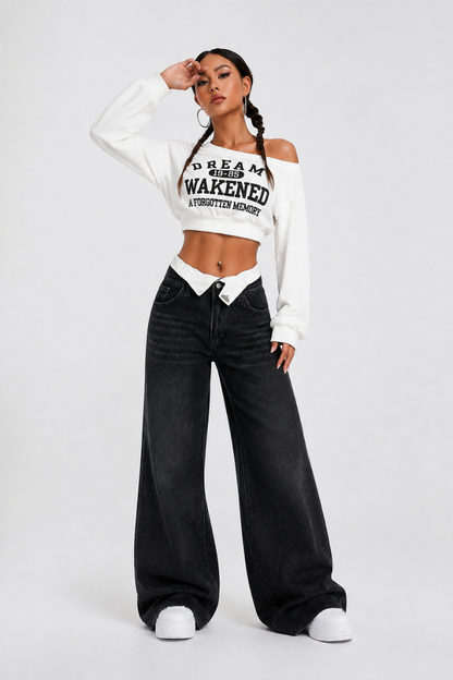 Women's double-waistband loose wide-leg jeans