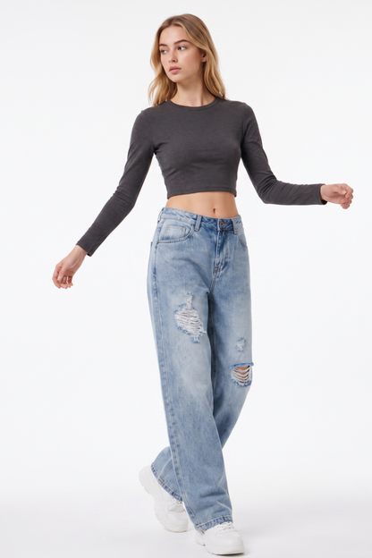 Women's High Waist Ripped Straight Leg Jeans
