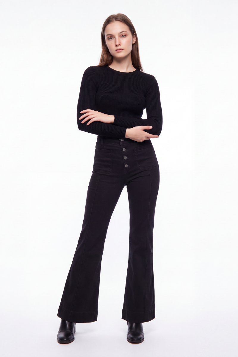 Women's Black High Waist Button Fly Stretch Flare Jeans