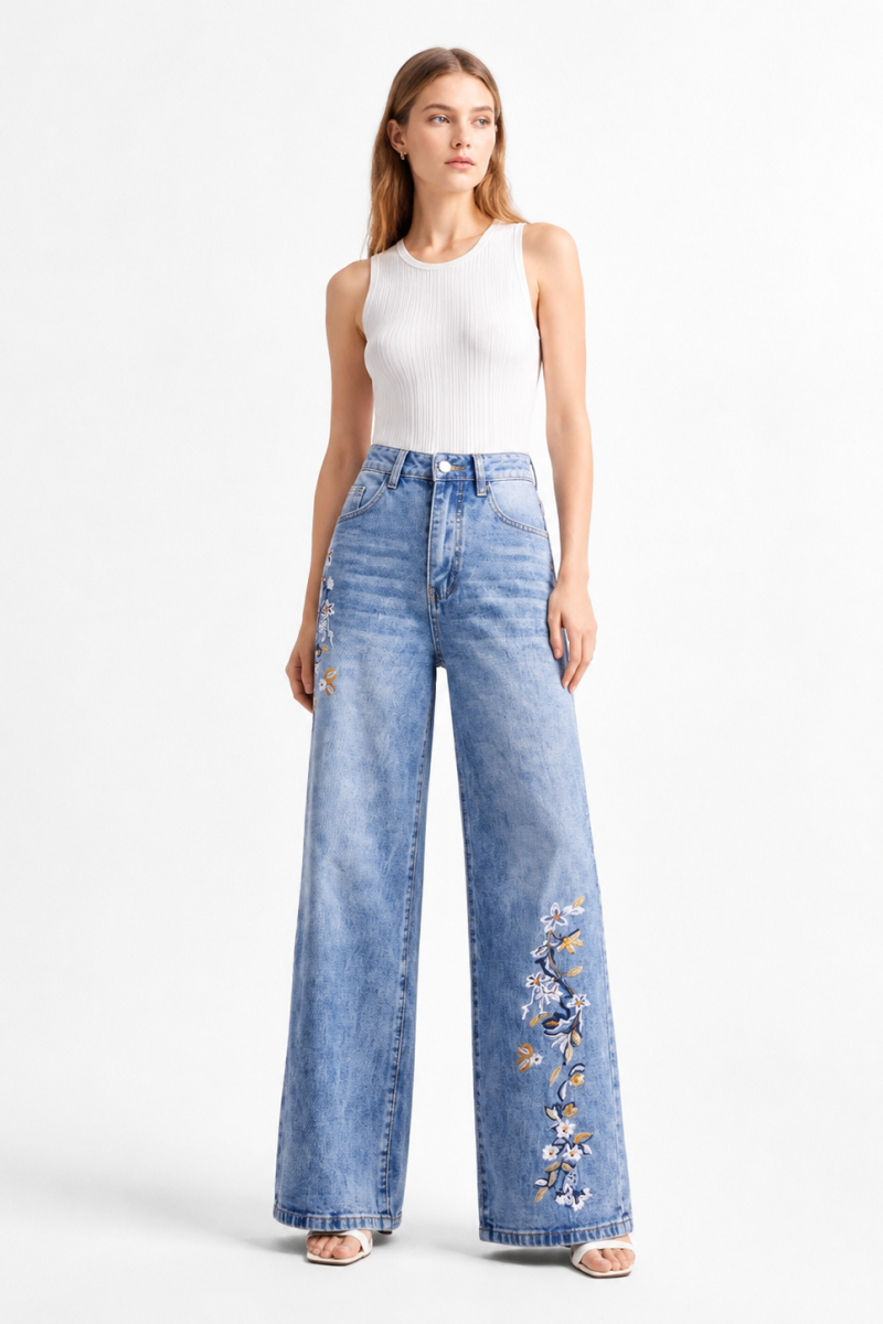 Women's High Waist Side Studded Wide Leg Jeans
