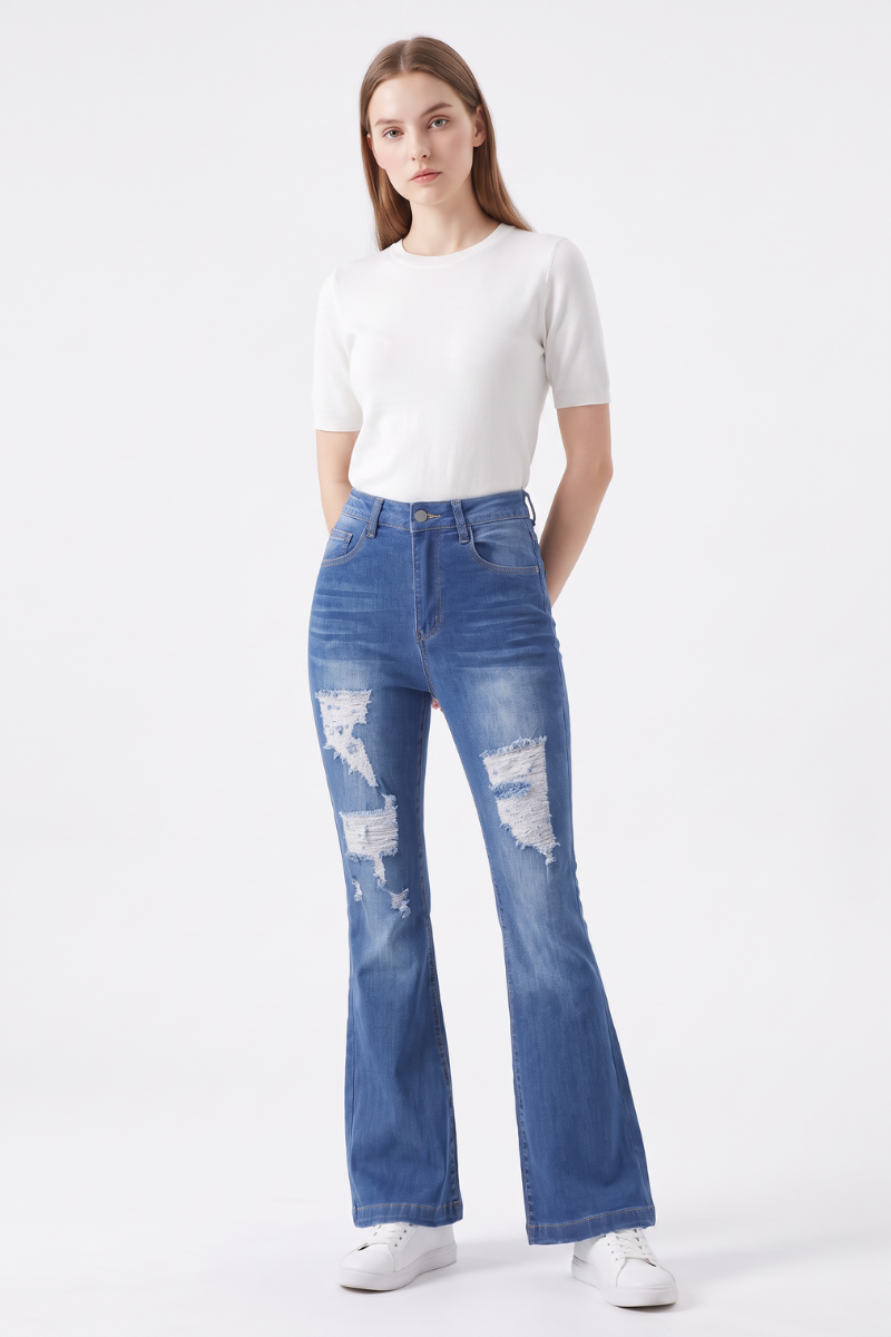 Women's High Waist Ripped Distressed Stretch Flare Jeans