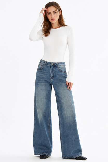 Women's Vintage Wash High Waist Straight Leg Jeans