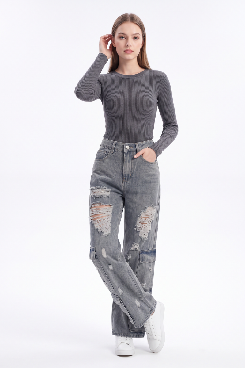 Women's Vintage High Waist Distressed Wide Leg Cargo Jeans