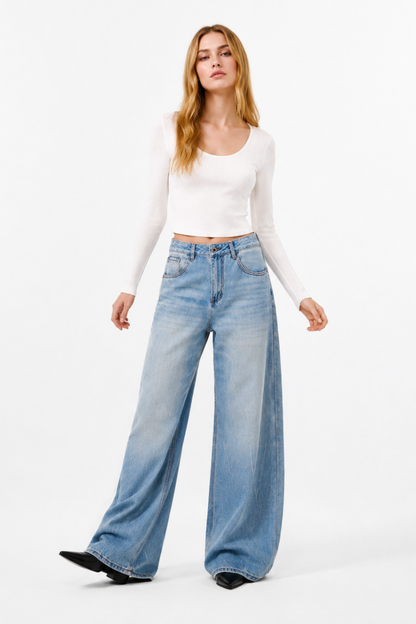 Women's 100% Cotton High Waist Wash Wide Leg Jeans