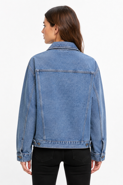 Women's Classic Blue Denim Jacket with Red Tag
