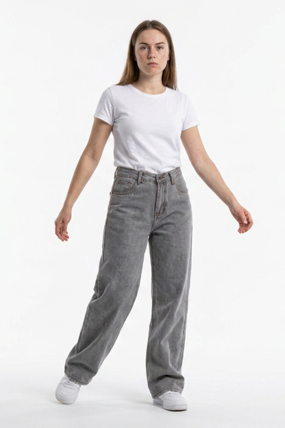 Women's Silver Gray Wash High Waist Wide Leg Jeans