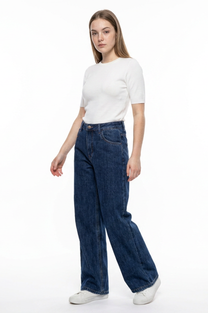 Women's Navy Blue Wash High Waist Straight Leg Jeans