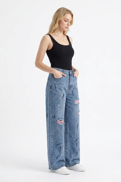 Women's High Waist Graffiti Ripped Wide Leg Jeans