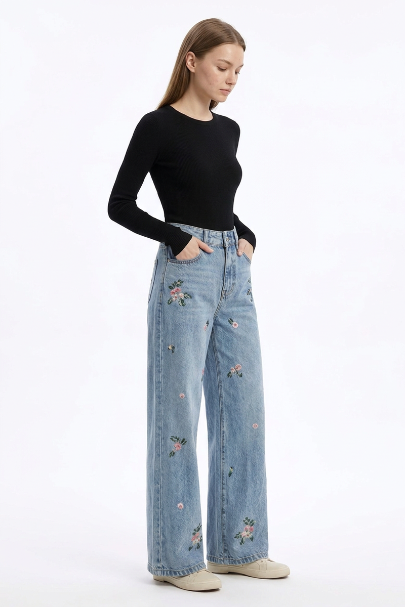Women's Vintage Wash Embroidered High Waist Wide Leg Jeans