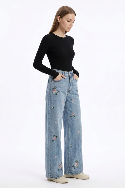 Women's Vintage Wash Embroidered High Waist Wide Leg Jeans