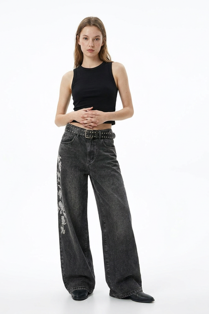 Women's Floral Embroidered High Waist Stretch Wide Leg Jeans