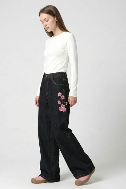 Women's Floral Embroidered High Waist Wide Leg Jeans