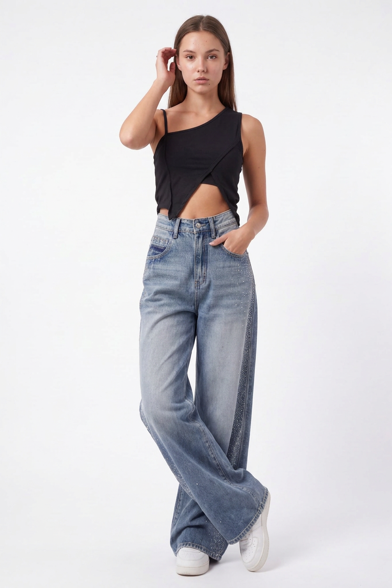 Women's Sparkly Diamante High Waist Stretch Wide Leg Jeans