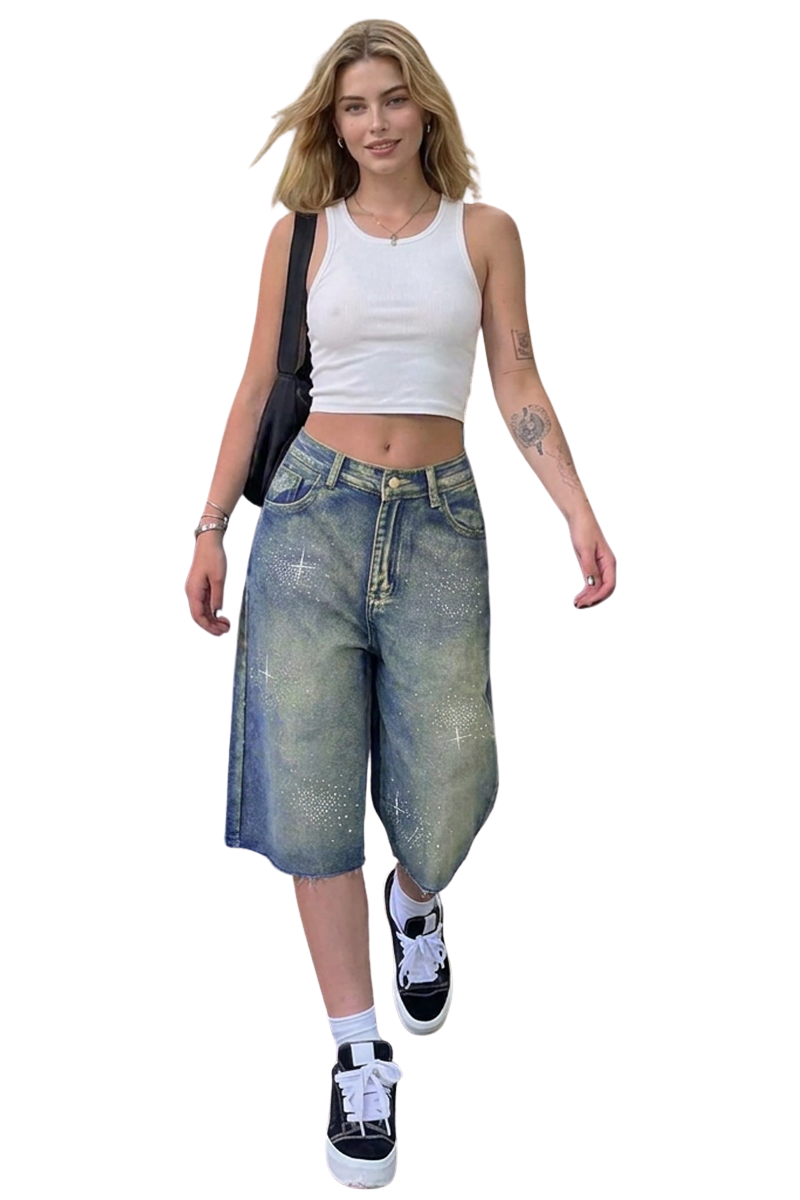 Women's Rhinestone High-Waisted Denim Bermuda Shorts