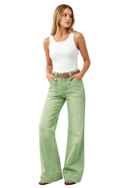 Women's Green Vintage Wash High-Waisted Wide-Leg Jeans