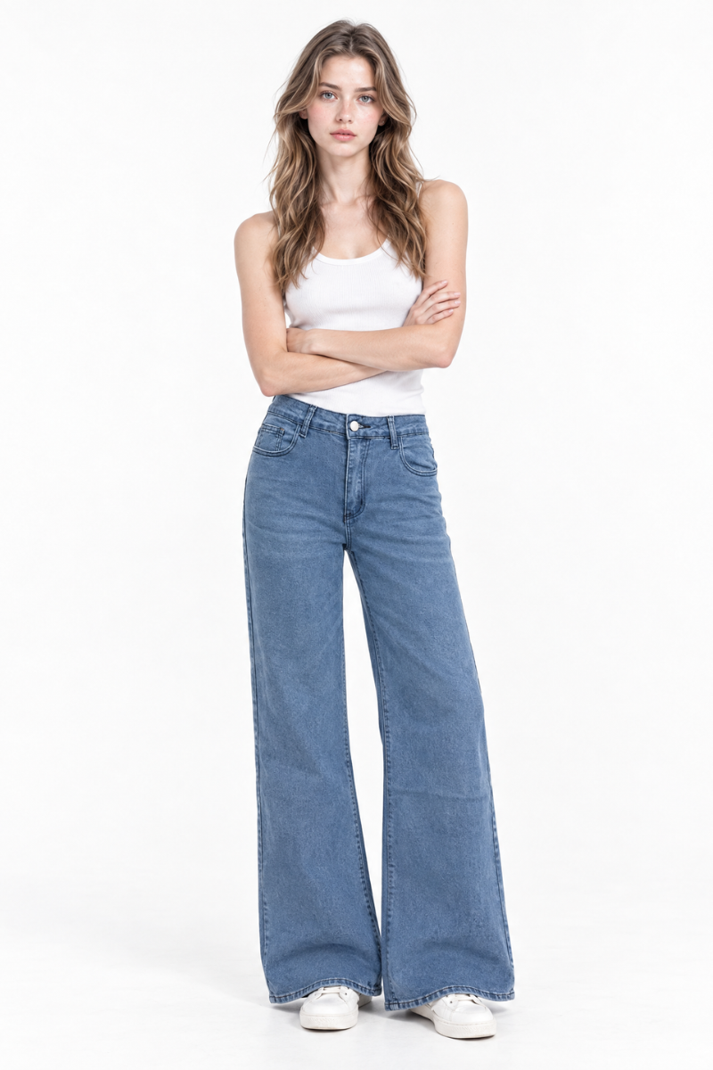Women's High Waist Blue Stretch Wide Leg Jeans