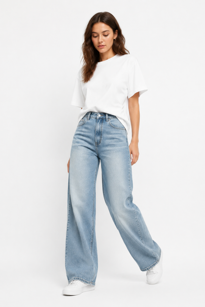 Women's High Waist Blue Stretch Wide Leg Jeans