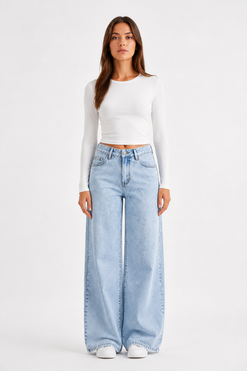 Women's High Waist Light Blue Straight Wide Leg Jeans