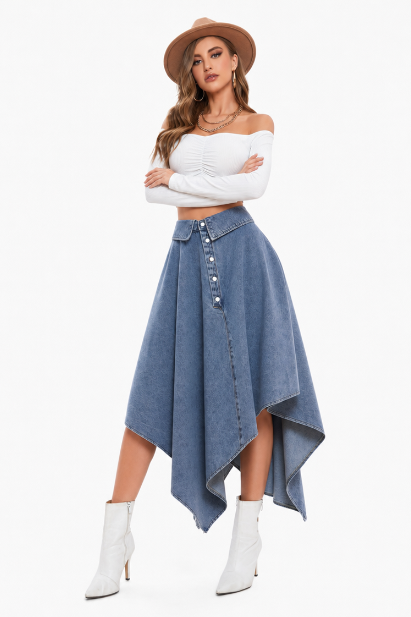 Women's High Waist Button Front Denim Skirt